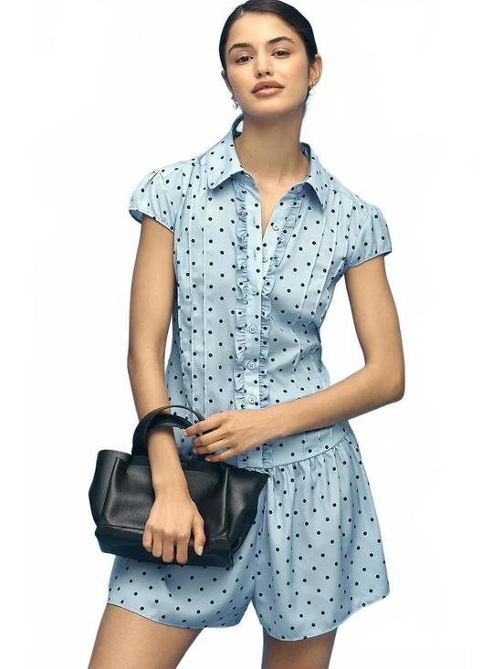 Anthropologie Pants - NWT Anthropologie Maeve Blue Polka Dot Cap-Sleeve Button Front Romper Siz Medium